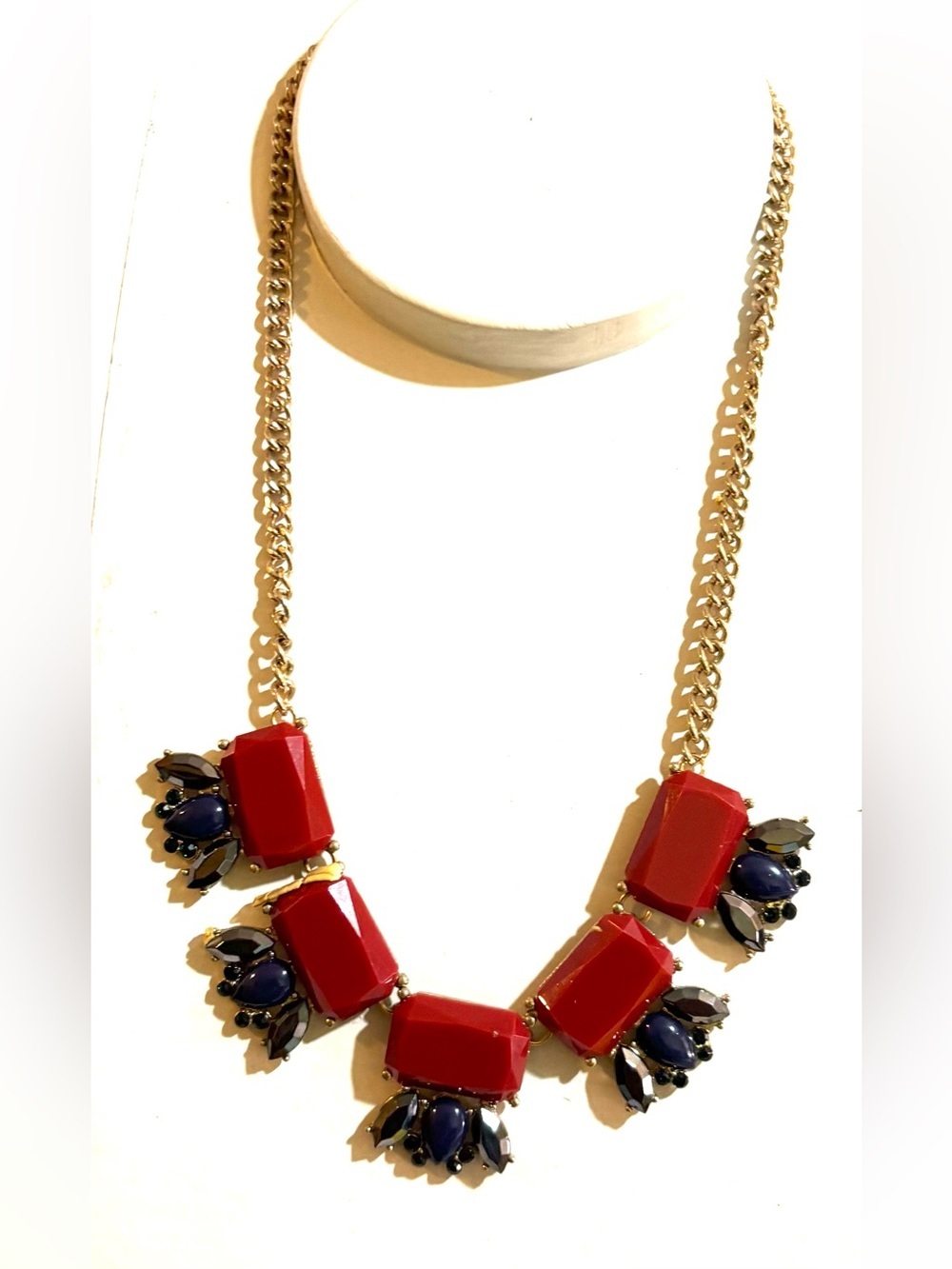 Fashion Jewelry Gold-Tone Chain Necklace with Red and Navy Stones